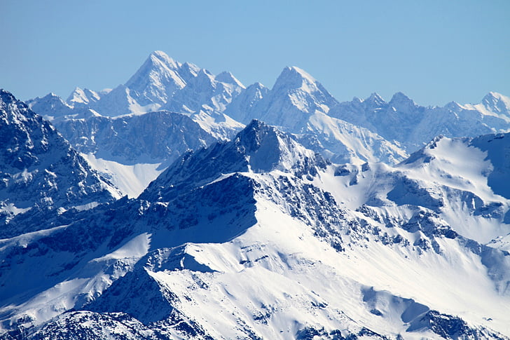 mountains, alpine, switzerland, snow, rock, summit pyramid, blue white
