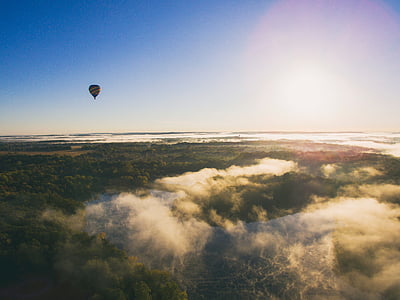 aérea, quente, ar, balão, nuvens, céu, balão de ar quente