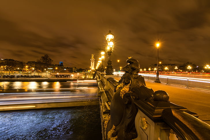 París, Pont, carrer, nit, llum, França, Alexandre iii