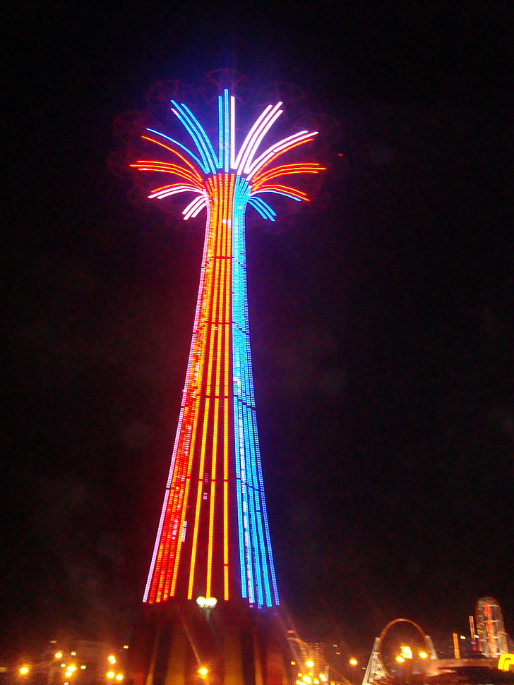 Luna park, Coney island, fornøyelsespark, fargerike, lys, natt, glød