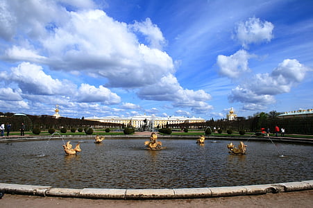 fountains, water, spouting, pond, gardens, sky, clouds
