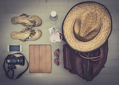 assorted, items, camera, hat, Aerial view, straw hat, flip flops