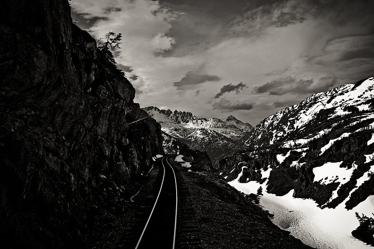 grayscale, photography, rail, road, middle, tall, ice