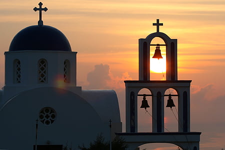 Santorini, grecka wyspa, Cyklady, Caldera, biały dom, Grecja, Wschód słońca