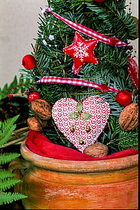 hjerte, rød, valnød, jul, dekoration, ferie, ornament