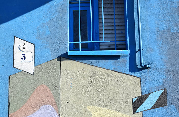 closeup, foto, biru, krem, lukisan, arsitektur, jendela