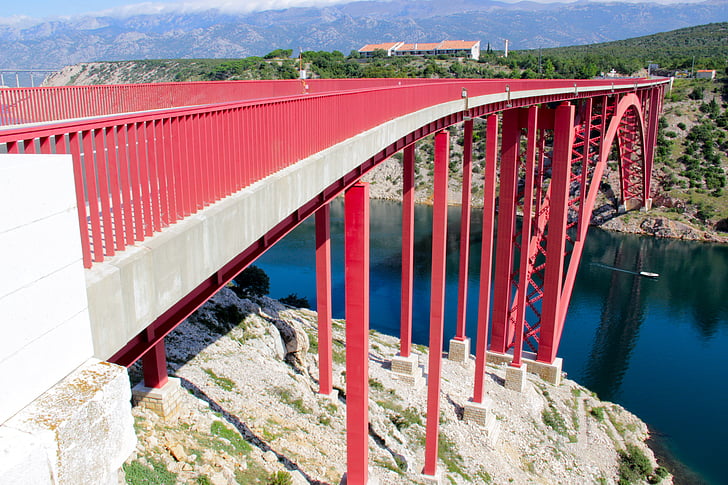 pont, rouge, route, Pag, Maslenica, mer, ravin