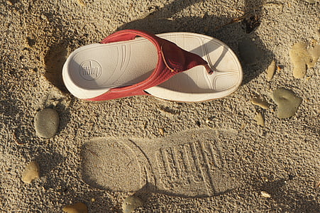 발자국, 모래, 맞는 플롭, 샌들, 발자국, 라이프 스타일, 해변
