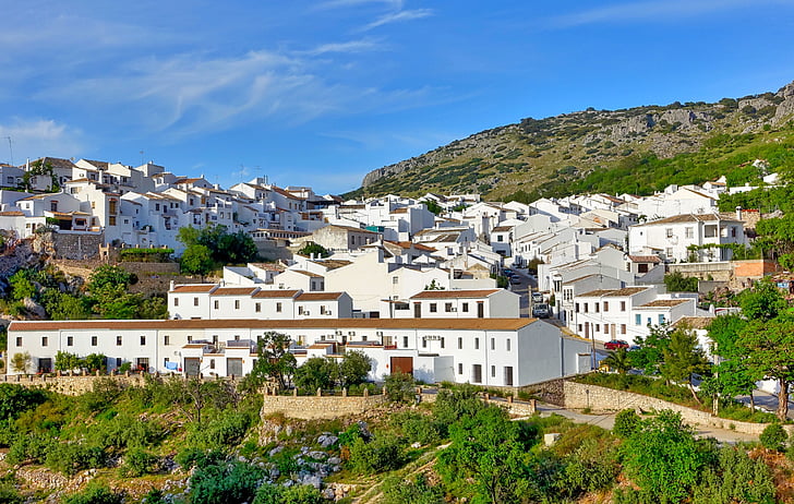 poble, paisatge urbà, blanc, espanyol, cases, arquitectura, edificis