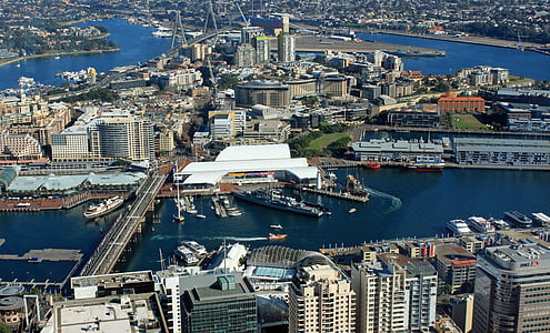 Sydney, trobaràs el Darling harbour, Portuària, des de dalt, vista sobre la ciutat, l'Outlook