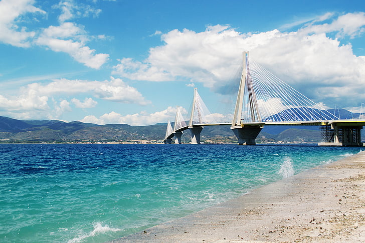 красив морски пейзаж, Патра мост Гърция, морски пейзаж, рай, синьо, море, Европа