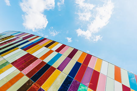 color, facade, multi colored, cloud - sky, sky, blue, textile