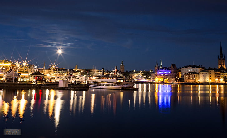 Stockholm, noční záběr, přístav, Letní noc
