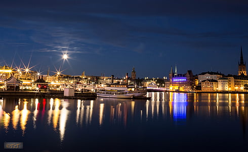 Stokholmas, naktinio fotografavimo, uosto, vasaros naktį