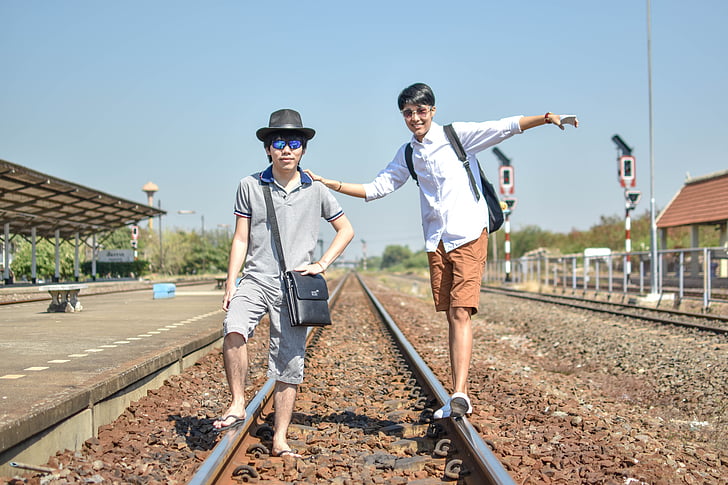vriend, spoorweg, trein, reizen, toeristen, het treinstation, Thailand