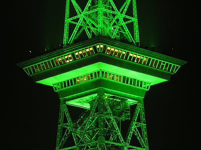 verde, levou, luz, Torre, Torre de rádio Berlim, à noite, iluminado