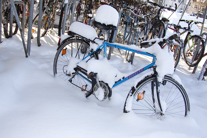 hiver, vélo, bloqués par la neige, neige, roue, neigeux, froide