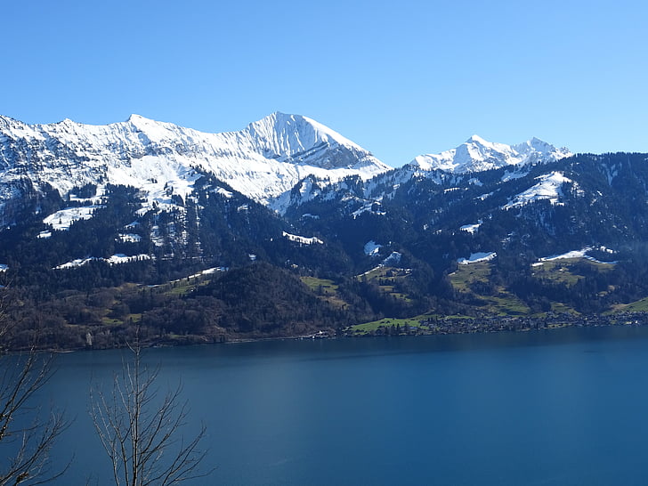 montañas, Lago, Alpine, tiempo en, azul, cielo, gama de la montaña