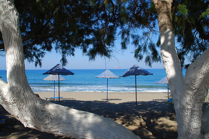 Beach, slnečníky, letné, more, Dovolenka, Stredomorská, Kréta