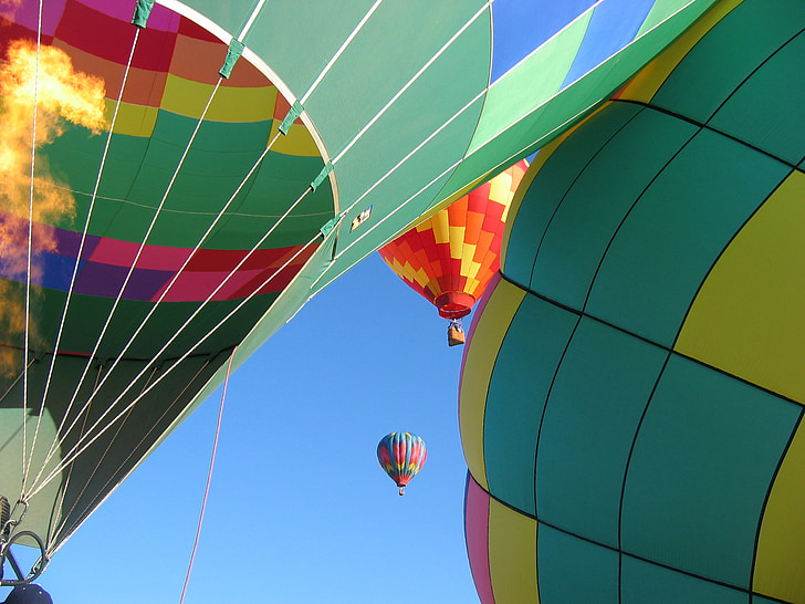 balionai, karšto oro balionai, plaukioja, kintama, dangus, karšto oro balionu, kelių spalvotų