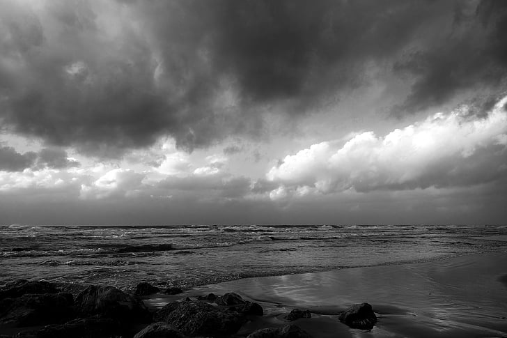 mer, nuages, pierres, BW, nature, noir et blanc, Nuage - ciel