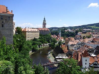 castle, view, monuments, panorama of the city, river, czech republic, tourism