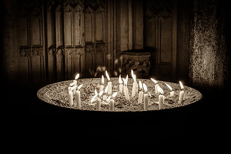 zwart-wit, Sepia, kaarsen, kerk, Kathedraal, religie atmosferische, licht