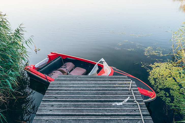 calm, water, daytime, lake, boat, grass, coast