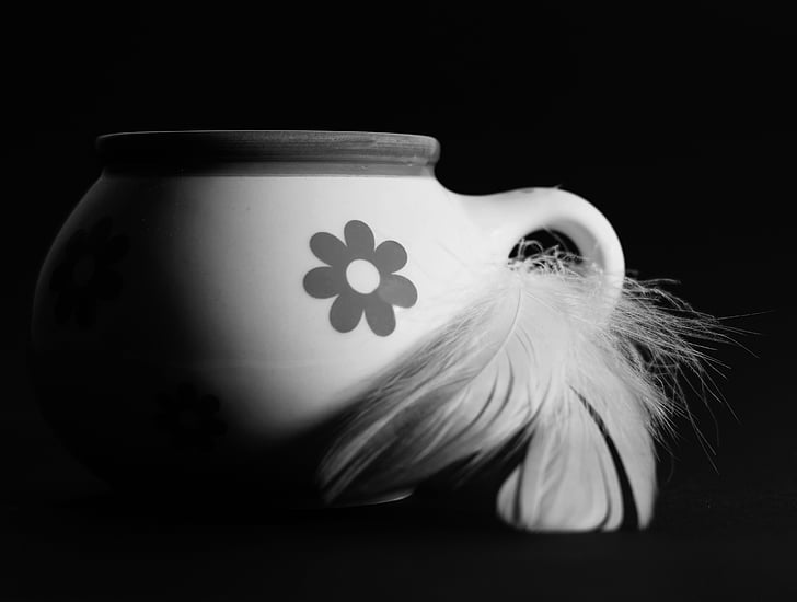cup, black and white, feather, decoration, black