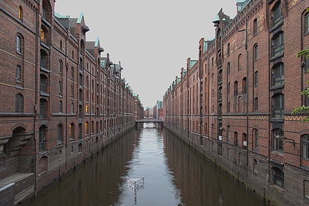 Hamburg, Speicherstadt, vatten, floden, kanal, bostäder, arkitektur