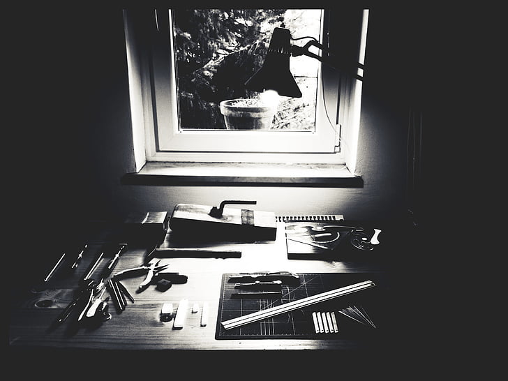 black-and-white, desk, lamp, light, room, window, public domain images