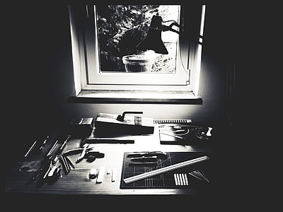 чорно-біла, стіл, лампа, світло, кімната, вікно, суспільним надбанням, зображень