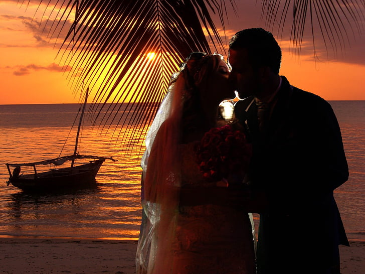 amor, sensación, boda, puesta de sol, mar, emoción, romántica