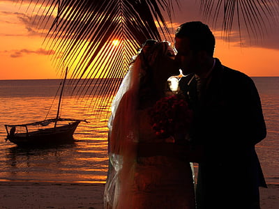 amor, sensación, boda, puesta de sol, mar, emoción, romántica