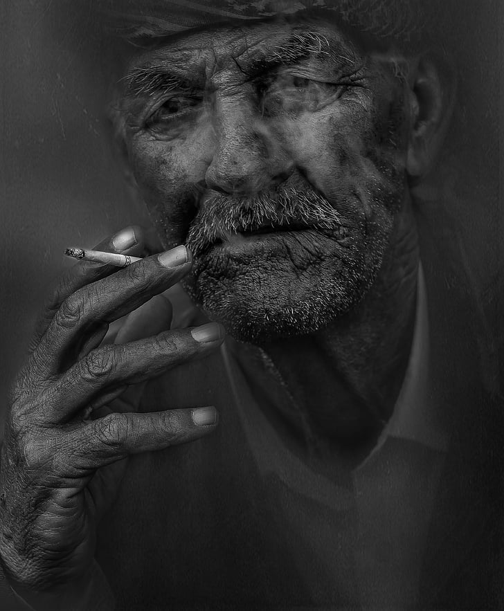 fumador, home, fumar, cigarret, vell, gent gran, Retrat