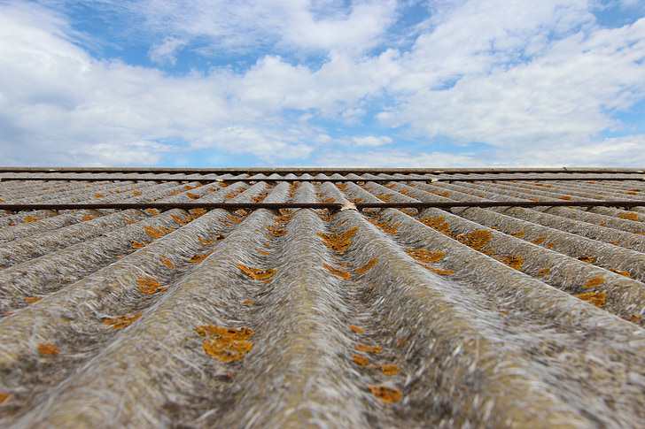 lichens, roof, sky, gray, clouds, blue, perspective