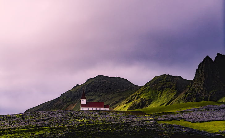 Izland, templom, hegyek, Sky, felhők, naplemente, alkonyat