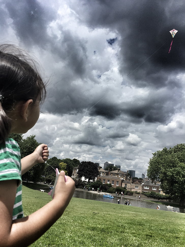 kite, cloudy, storm, girl, sky, park, child
