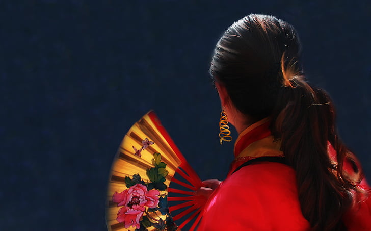 woman, red, fan, gold, hair, ponytail, chinese new year