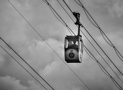 cable car, man, child, sky, black white, contrast, ropes