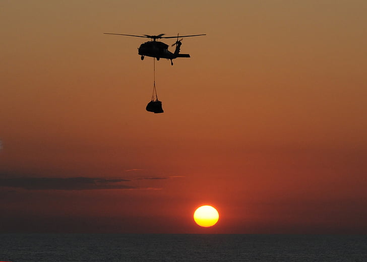 Sea hawk helikopter, zonsondergang, vliegtuigen, Marine, zee, Oceaan, Horizon