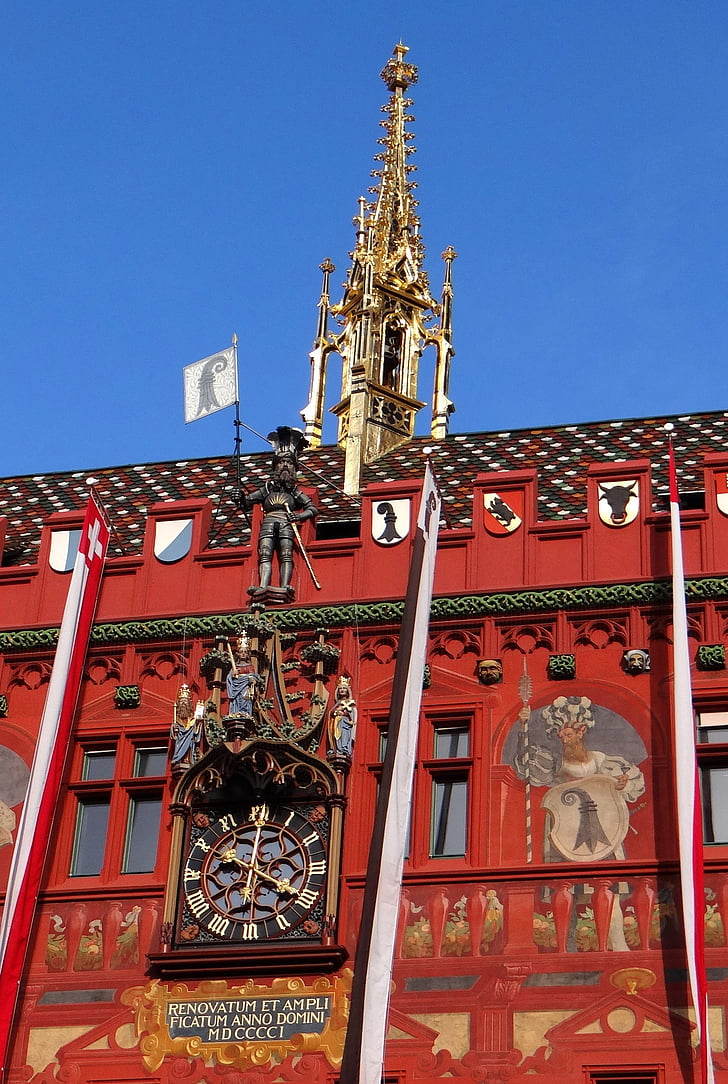 basel, switzerland, town hall, home, red, gold, architecture