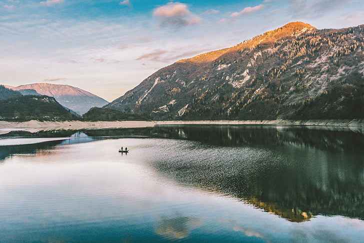 boat, front, mountain, daytime, lake, reflection, water
