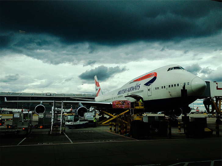 brit, légutak, repülőgép, felhős, nap, repülőtér, poggyász