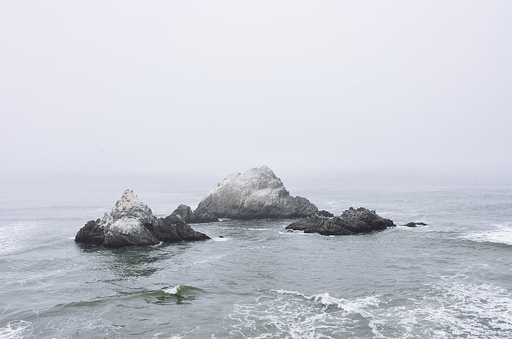 gray, rock, formation, body, water, ocean, sea