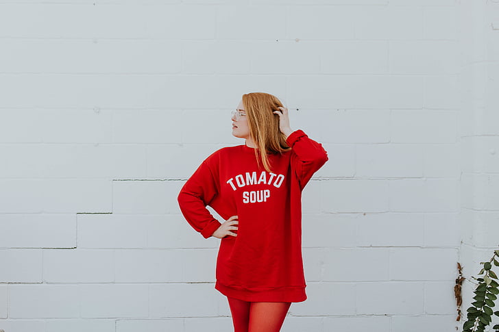 Frau, rot, Tomaten, Suppe, Crew, Hals, Pullover