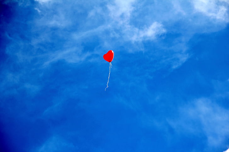 балон, сърце, Любов, романтика, небе, сърцето форма, червен