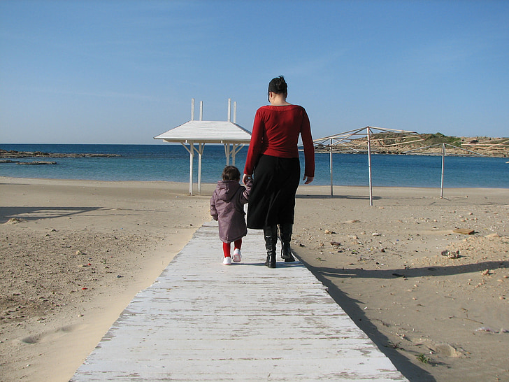 mom, daughter, kid, sea, road, children, walk