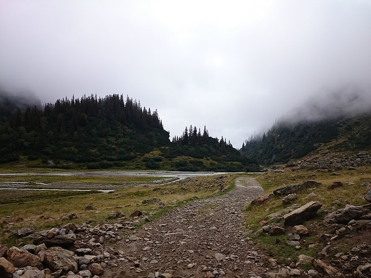 hiking, mountains, landscape, nature, fog, trail, hike
