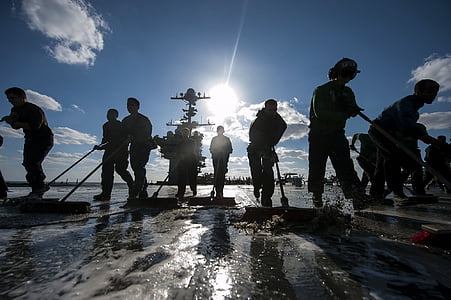teamwork, sailors, cleaning, silhouettes, wash down, flight deck, aircraft carrier
